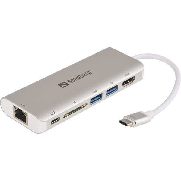 Kábel Átalakító - USB-C Dock HDMI+LAN+SD+USB,61W (ezüst; USB-C bemenet; SDkártya+HDMI+USB3.0+U